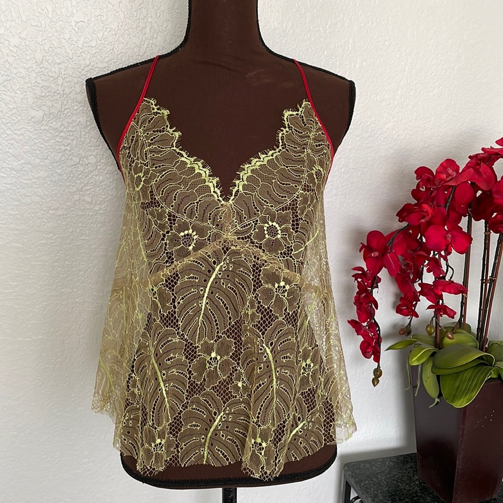 Sheer Lace Chemise with Red Straps - Yellow Lace Overlay
